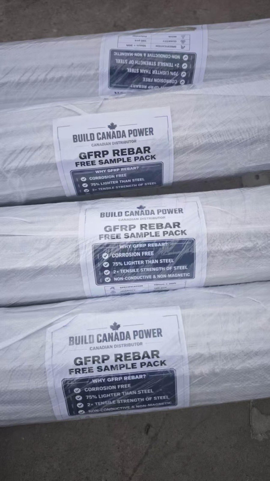 Labelled GFRP rebar free sample packs