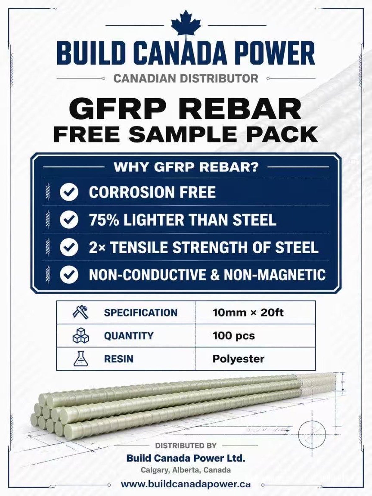 Build Canada Power GFRP rebar free sample pack poster